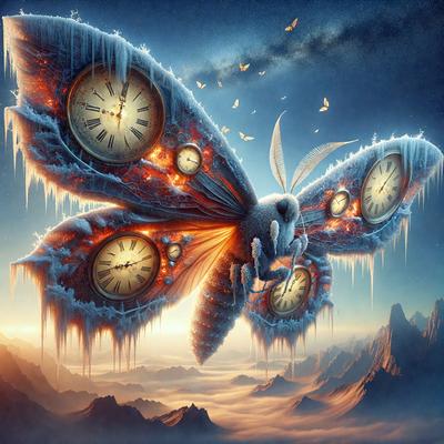 The primary subject of the image is a large, intricately designed butterfly with a clock face on its wing. The butterfly is surrounded by a beautiful, surreal landscape that includes a mountain range and a clock face. The visual style of the image is digital art, with the butterfly and its surroundings appearing to be painted or drawn. The colors and mood of the image are vibrant and whimsical, with the butterfly and its environment exuding a sense of wonder and creativity.
